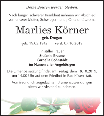 Traueranzeige von Marlies Körner von Wochenspiegel Naumburg/Nebra