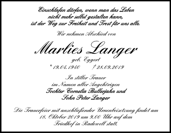 Traueranzeige von Marlies Langer von Mitteldeutsche Zeitung Halle/Saalkreis