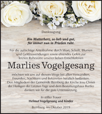Traueranzeige von Marlies Vogelgesang von Super Sonntag Bernburg