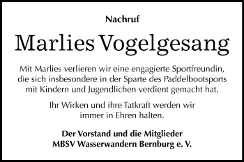Traueranzeige von Marlies Vogelgesang von Super Sonntag Bernburg