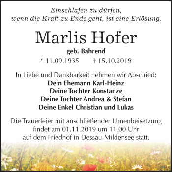 Traueranzeige von Marlis Hofer von Mitteldeutsche Zeitung Dessau-Roßlau