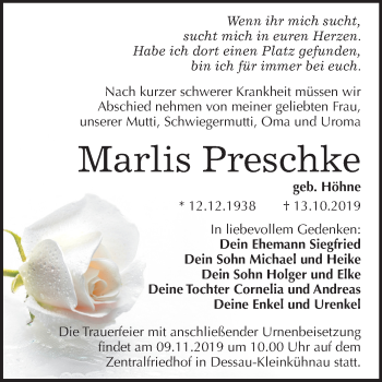 Traueranzeige von Marlis Preschke von Super Sonntag Dessau-Roßlau