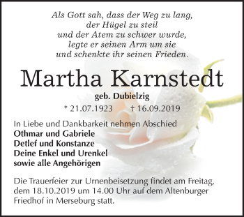 Traueranzeige von Martha Karnstedt von Super Sonntag Merseburg/Querfurt