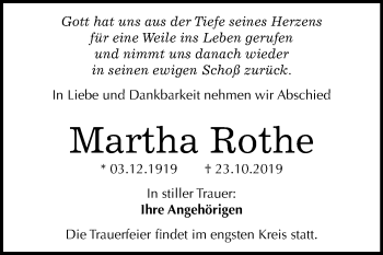 Traueranzeige von Martha Rothe von Mitteldeutsche Zeitung Halle/Saalkreis
