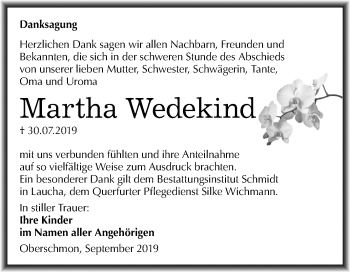 Traueranzeige von Martha Wedekind von Wochenspiegel Merseburg/Querfurt