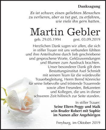Traueranzeige von Martin Gebler von Wochenspiegel Naumburg/Nebra