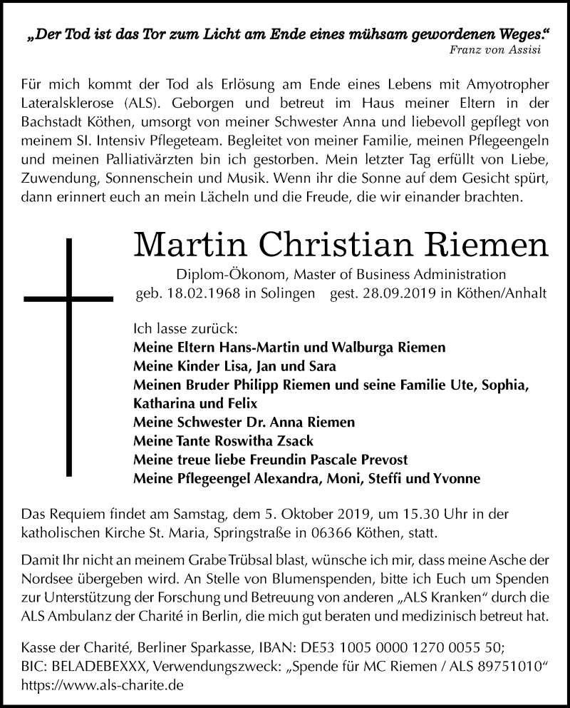  Traueranzeige für Martin Christian Riemen vom 02.10.2019 aus Mitteldeutsche Zeitung Köthen