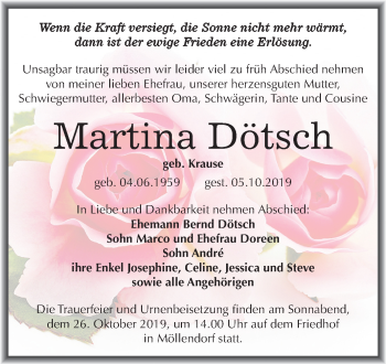 Traueranzeige von Martina Dötsch von Mitteldeutsche Zeitung Mansfelder Land
