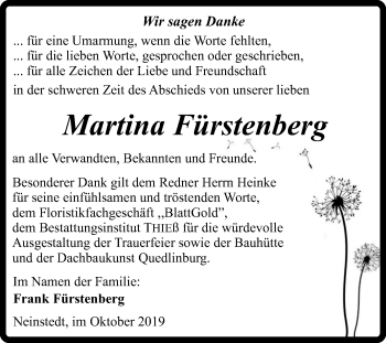 Traueranzeige von Martina Fürstenberg von Mitteldeutsche Zeitung Quedlinburg