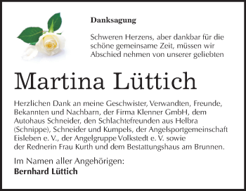 Traueranzeige von Martina Lüttich von Wochenspiegel Mansfelder Land