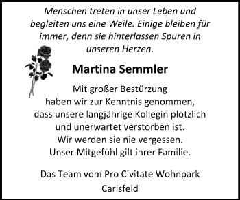 Traueranzeige von Martina Semmler von Wochenspiegel Bitterfeld