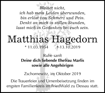 Traueranzeige von Matthias Hagedorn von Mitteldeutsche Zeitung Wittenberg