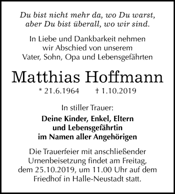 Traueranzeige von Matthias Hoffmann von Mitteldeutsche Zeitung Halle/Saalkreis