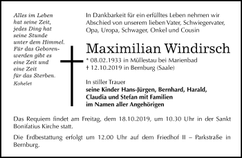 Traueranzeige von Maximilian Windirsch von Mitteldeutsche Zeitung Bernburg