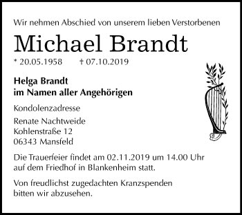 Traueranzeige von Michael Brandt von Wochenspiegel Sangerhausen
