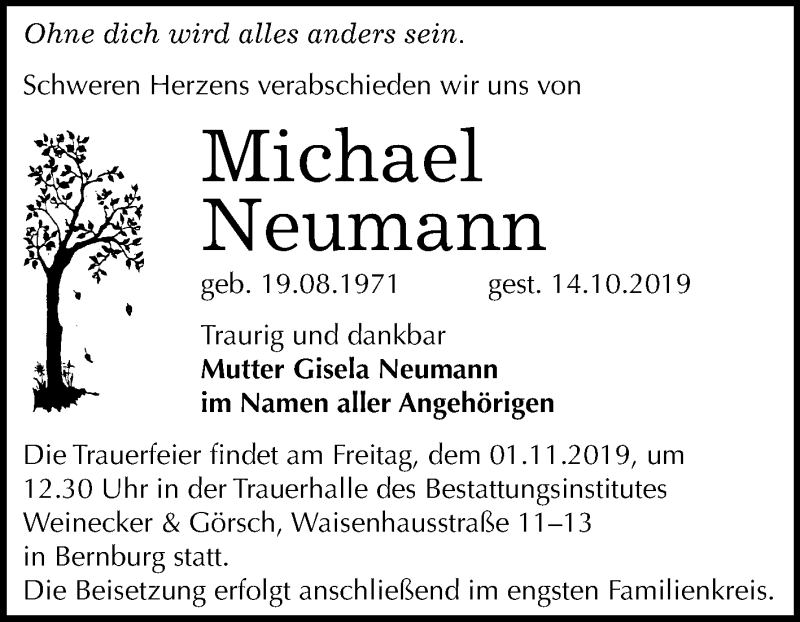  Traueranzeige für Michael Neumann vom 19.10.2019 aus Mitteldeutsche Zeitung Bernburg