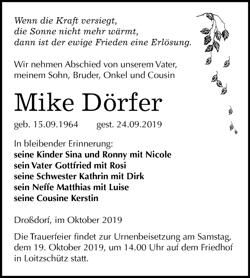  Traueranzeige für Mike Dörfer vom 05.10.2019 aus Mitteldeutsche Zeitung Zeitz