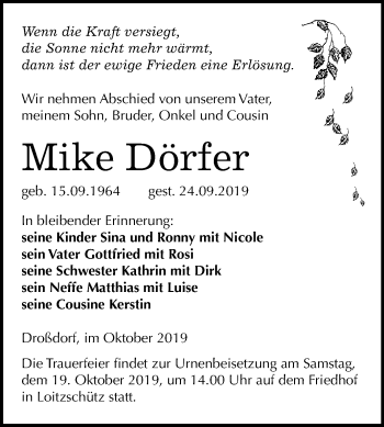Traueranzeige von Mike Dörfer von Super Sonntag Zeitz