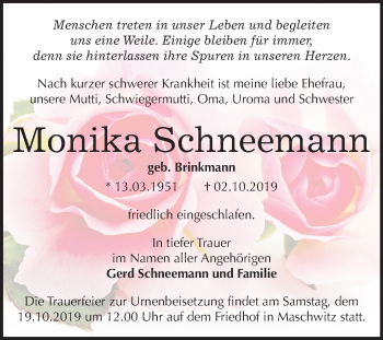 Traueranzeige von Monika Schneemann von Mitteldeutsche Zeitung Halle/Saalkreis