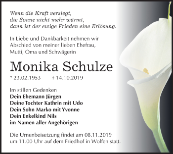 Traueranzeige von Monika Schulze von Wochenspiegel Bitterfeld