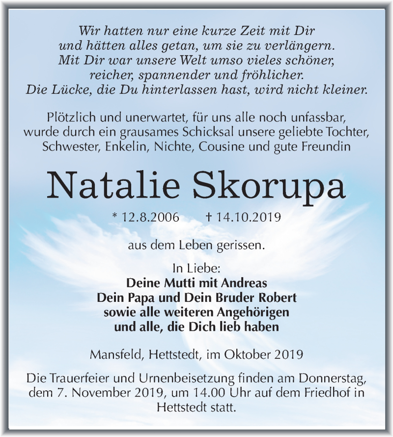  Traueranzeige für Natalie Skorupa vom 29.10.2019 aus Mitteldeutsche Zeitung Mansfelder Land