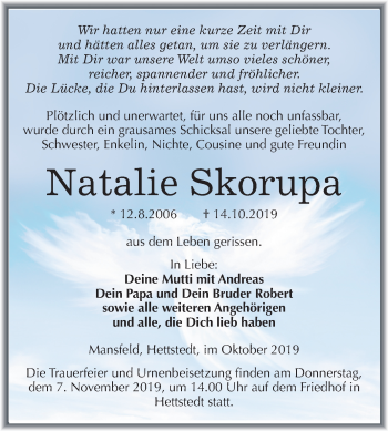 Traueranzeige von Natalie Skorupa von Super Sonntag Mansfelder Land