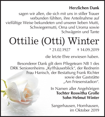 Traueranzeige von Ottilie Winter von Mitteldeutsche Zeitung Sangerhausen