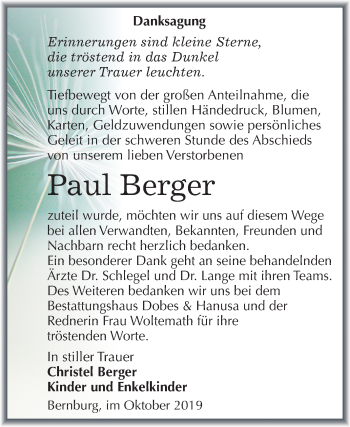 Traueranzeige von Paul Berger von Super Sonntag Bernburg