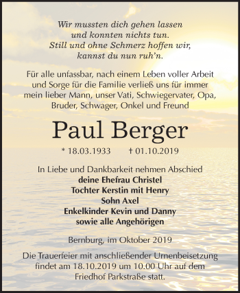 Traueranzeige von Paul Berger von Mitteldeutsche Zeitung Bernburg