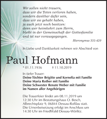 Traueranzeige von Paul Hofmann von Mitteldeutsche Zeitung Dessau-Roßlau