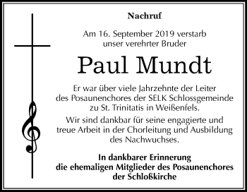 Traueranzeige von Paul Mundt von Wochenspiegel Weißenfels