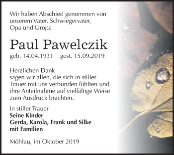 Traueranzeige von Paul Pawelczik von Mitteldeutsche Zeitung Wittenberg