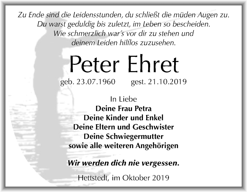  Traueranzeige für Peter Ehret vom 26.10.2019 aus Mitteldeutsche Zeitung Mansfelder Land