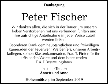 Traueranzeige von Peter Fischer von Mitteldeutsche Zeitung Weißenfels