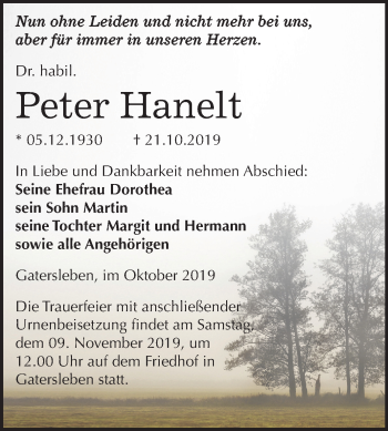 Traueranzeige von Peter Hanelt von Mitteldeutsche Zeitung Aschersleben