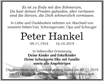 Traueranzeige von Peter Hankel von Mitteldeutsche Zeitung Mansfelder Land