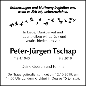 Traueranzeige von Peter-Jürgen Tschap von Mitteldeutsche Zeitung Dessau-Roßlau