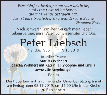 Traueranzeige von Peter Liebsch von Wochenspiegel Naumburg/Nebra