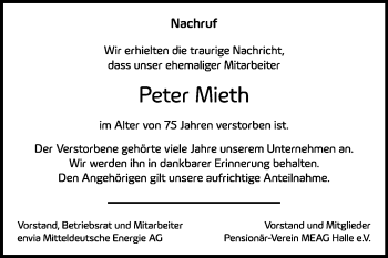 Traueranzeige von Peter Mieth von Mitteldeutsche Zeitung Bitterfeld