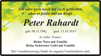 Traueranzeige von Peter Rahardt von Mitteldeutsche Zeitung Quedlinburg