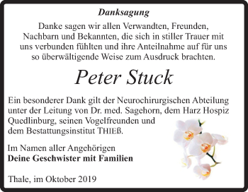 Traueranzeige von Peter Stuck von Super Sonntag Quedlinburg