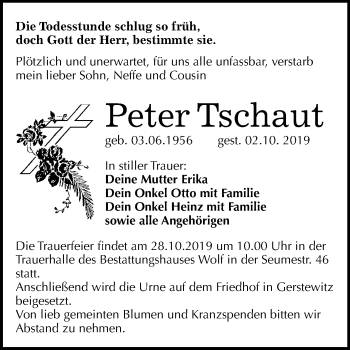 Traueranzeige von Peter Tschaut von Wochenspiegel Weißenfels