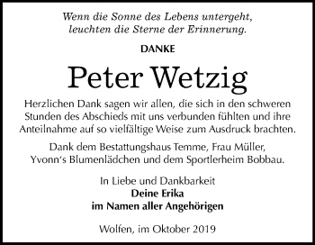 Traueranzeige von Peter Wetzig von Wochenspiegel Bitterfeld