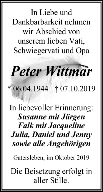 Traueranzeige von Peter Wittmar von Mitteldeutsche Zeitung Aschersleben