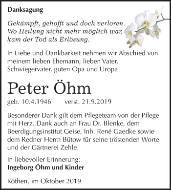 Traueranzeige von Peter Öhm von Mitteldeutsche Zeitung Köthen