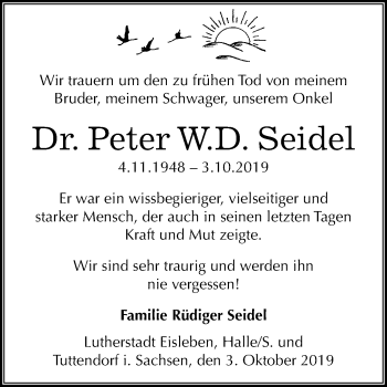 Traueranzeige von Peter W.D. Seidel von Mitteldeutsche Zeitung Mansfelder Land