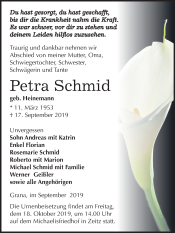 Traueranzeige von Petra Schmid von Mitteldeutsche Zeitung Zeitz