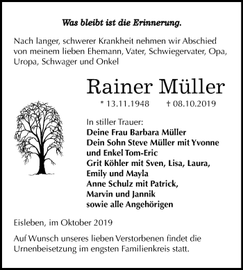 Traueranzeige von Rainer Müller von Mitteldeutsche Zeitung Mansfelder Land