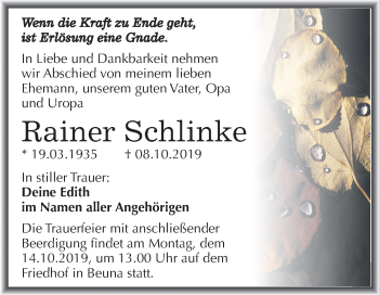 Traueranzeige von Rainer Schlinke von Mitteldeutsche Zeitung Merseburg/Querfurt