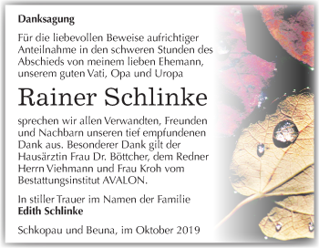 Traueranzeige von Rainer Schlinke von Mitteldeutsche Zeitung Merseburg/Querfurt
